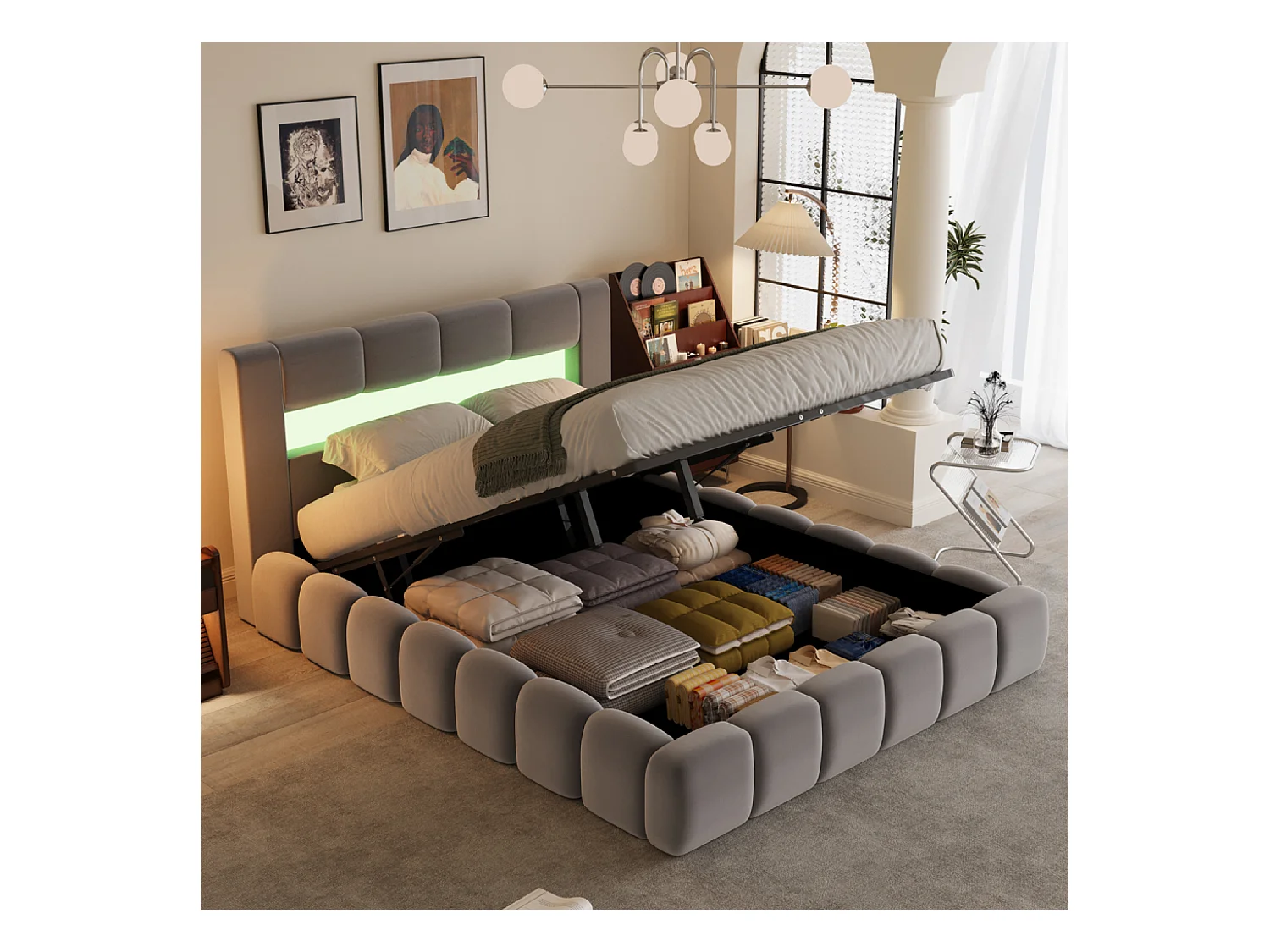 Lit nuage coffre LED 160x200cm velours gris avec tête de lit et sommier OMAHA