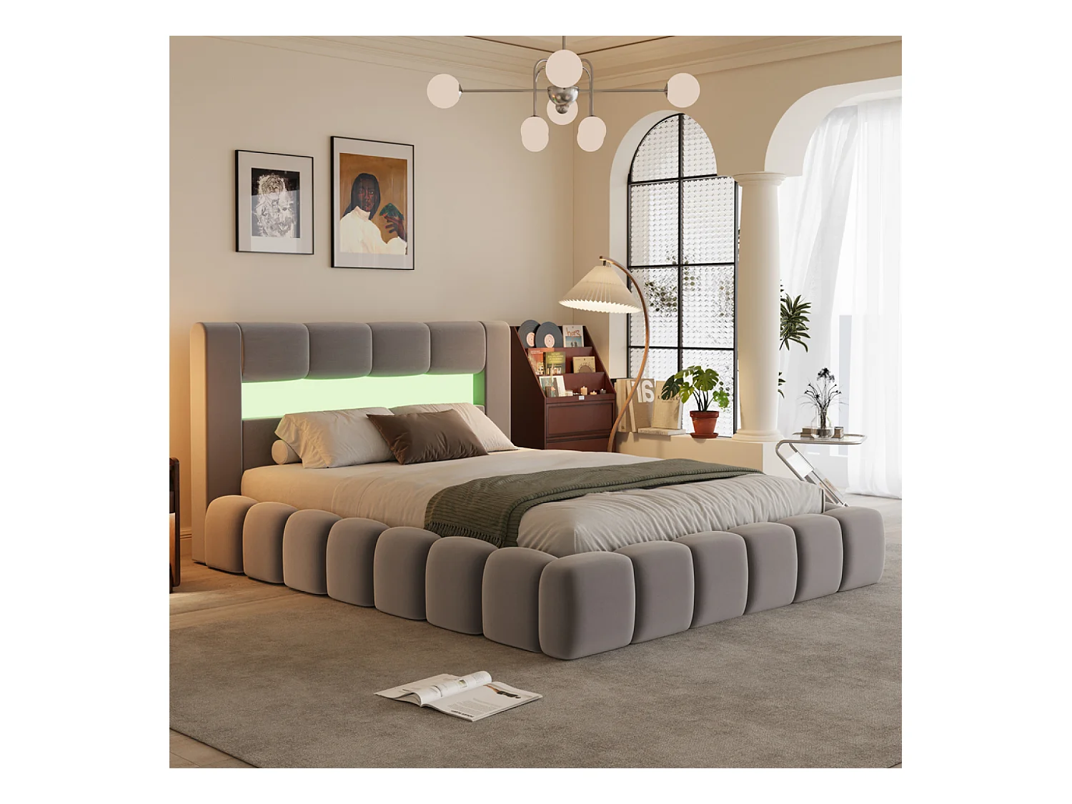 Lit nuage coffre LED 160x200cm velours gris avec tête de lit et sommier OMAHA