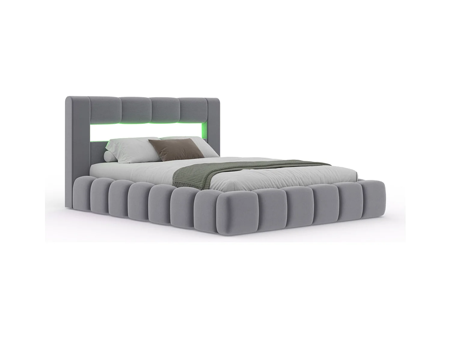 Lit nuage coffre LED 160x200cm velours gris avec tête de lit et sommier OMAHA
