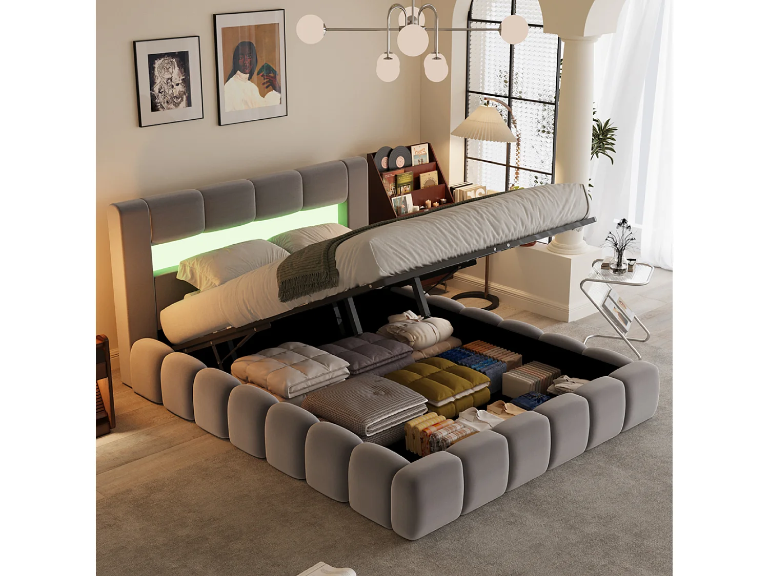 Lit nuage coffre LED 160x200cm velours gris avec tête de lit et sommier OMAHA