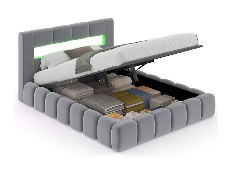 Letto Contenitore LED 160x200cm Velluto Grigio con Testiera e Contenitore