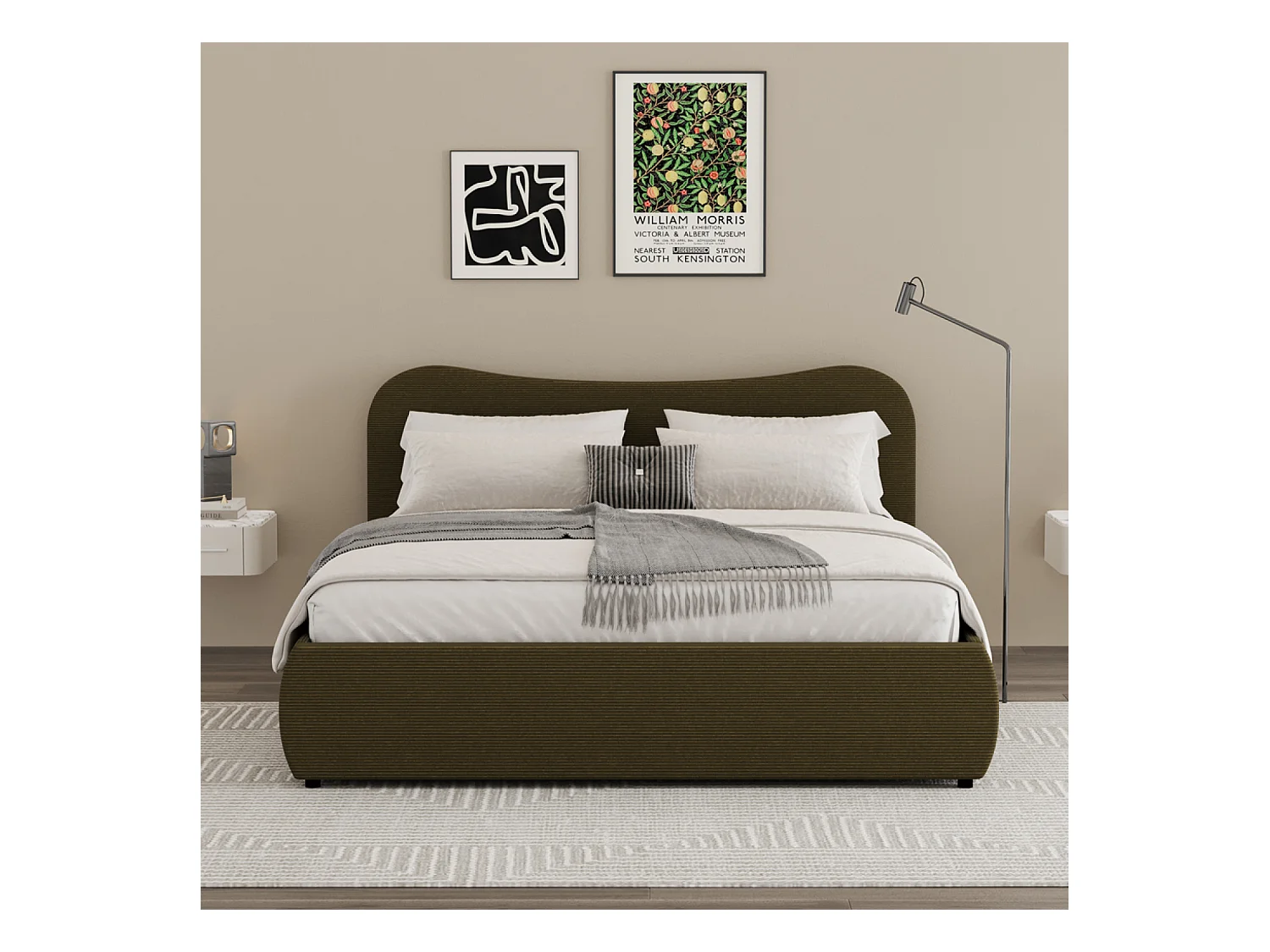 Lit coffre 140x190cm design arrondi velours côtelé vert PLANO