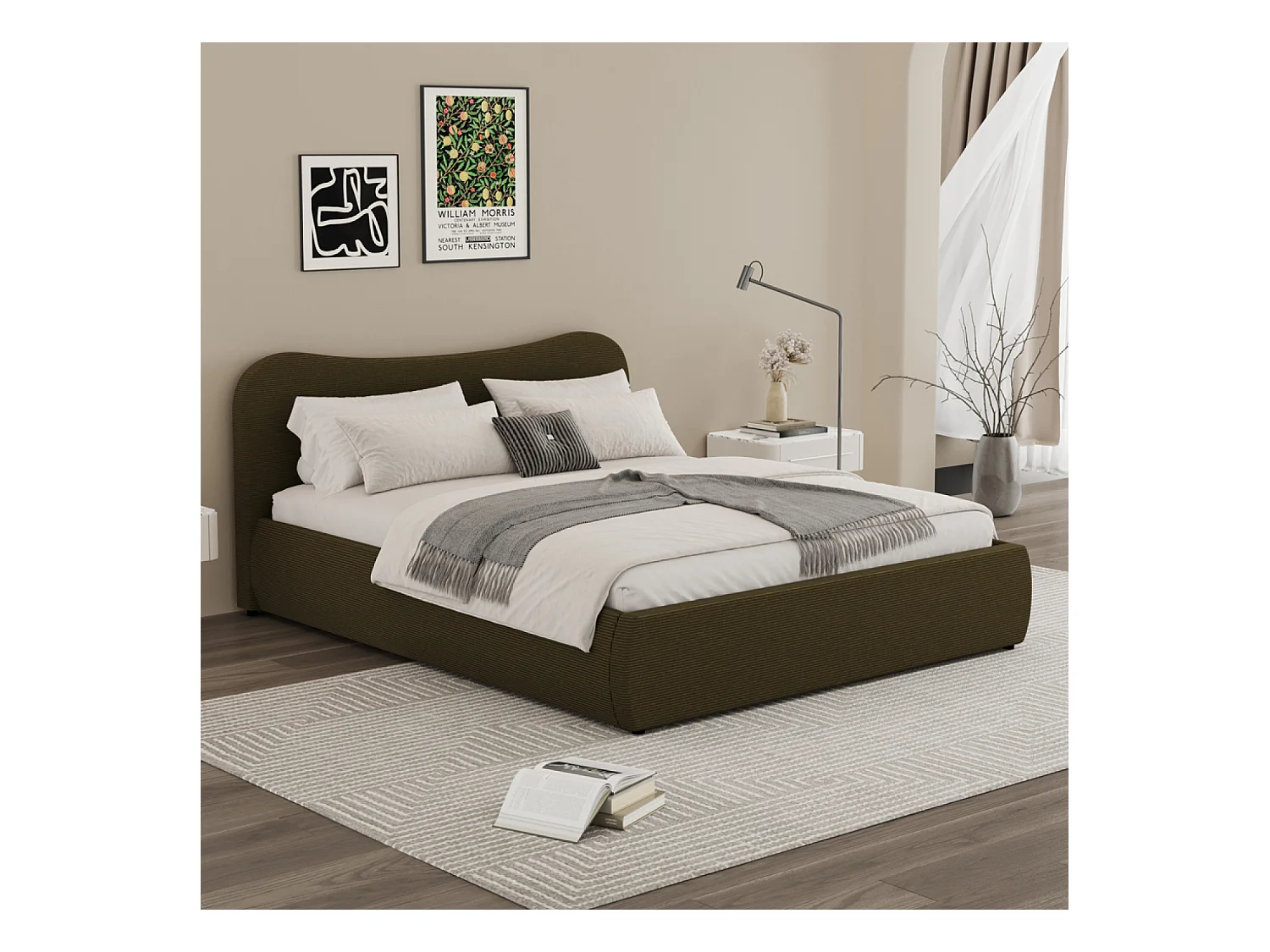 Lit coffre 140x190cm design arrondi velours côtelé vert PLANO