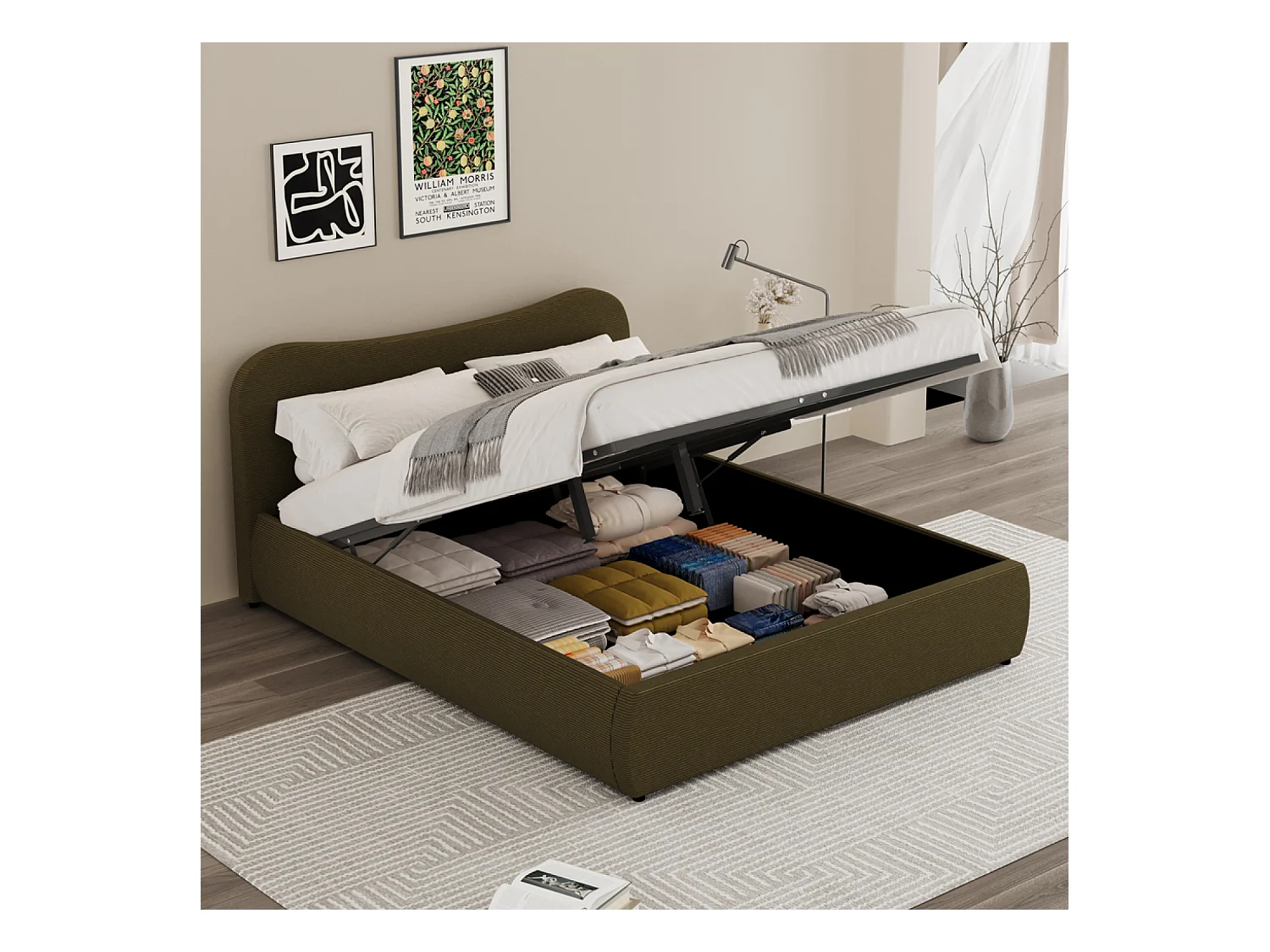 Lit coffre 140x190cm design arrondi velours côtelé vert PLANO