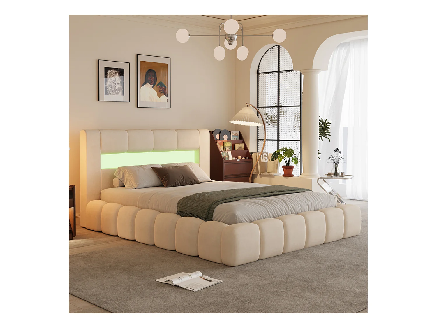 Lit nuage coffre LED 140x190cm velours beige OMAHA