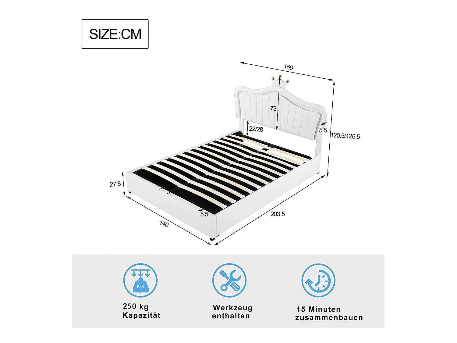 Lit coffre enfant 140x200cm avec LED et tête de lit réglable en forme de couronne, PU blanc, sans matelas