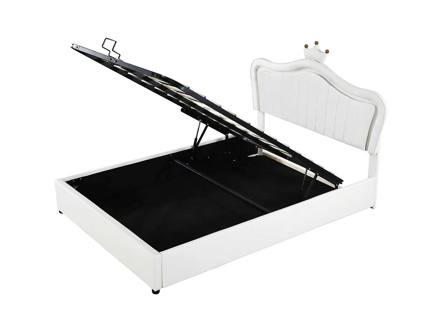 Lit coffre enfant 140x200cm avec LED et tête de lit réglable en forme de couronne, PU blanc, sans matelas