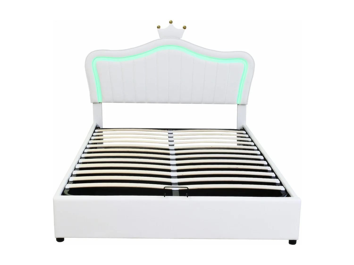 Lit coffre enfant 140x200cm avec LED et tête de lit réglable en forme de couronne, PU blanc, sans matelas
