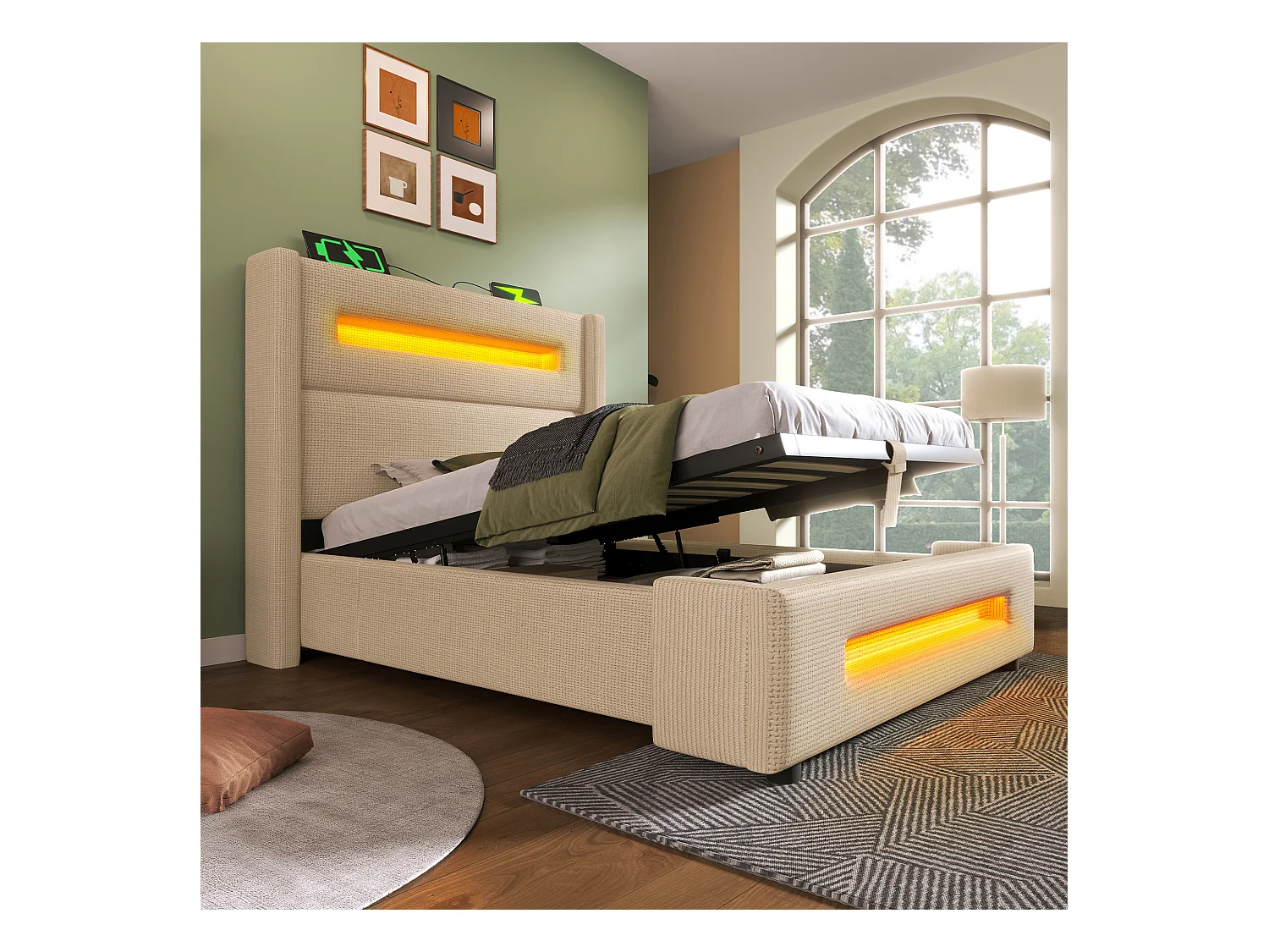 Lit coffre enfant 90x200cm avec LED et USB type-C, tissu en lin beige, sommier à lattes, sans matelas