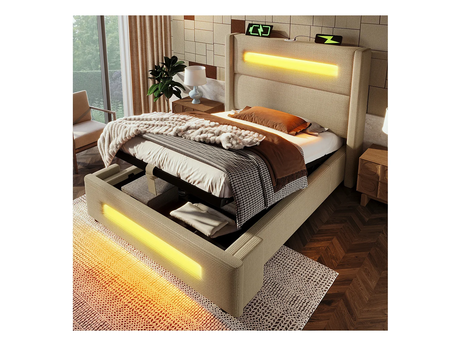 Lit coffre enfant 90x200cm avec LED et USB type-C, tissu en lin beige, sommier à lattes, sans matelas