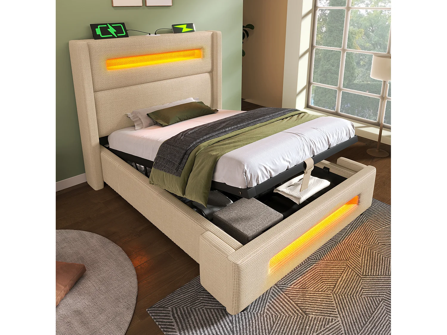 Lit coffre enfant 90x200cm avec LED et USB type-C, tissu en lin beige, sommier à lattes, sans matelas