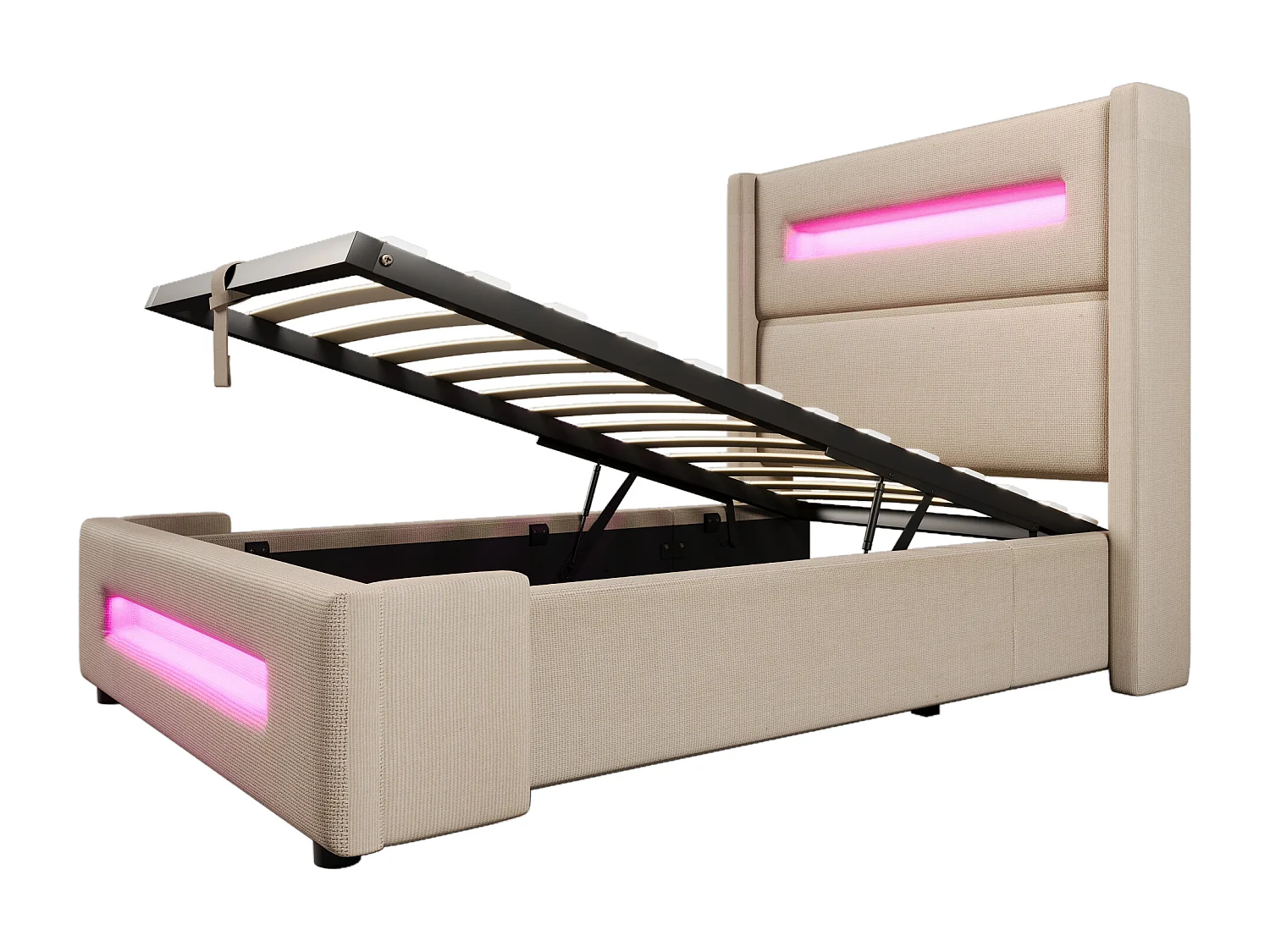 Lit coffre enfant 90x200cm avec LED et USB type-C, tissu en lin beige, sommier à lattes, sans matelas