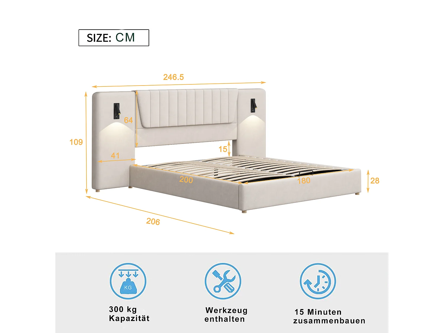 Lit coffre adulte 180x200cm avec lampes de lecture pivotantes et USB, tête de lit large, en velours beige, sans matelas