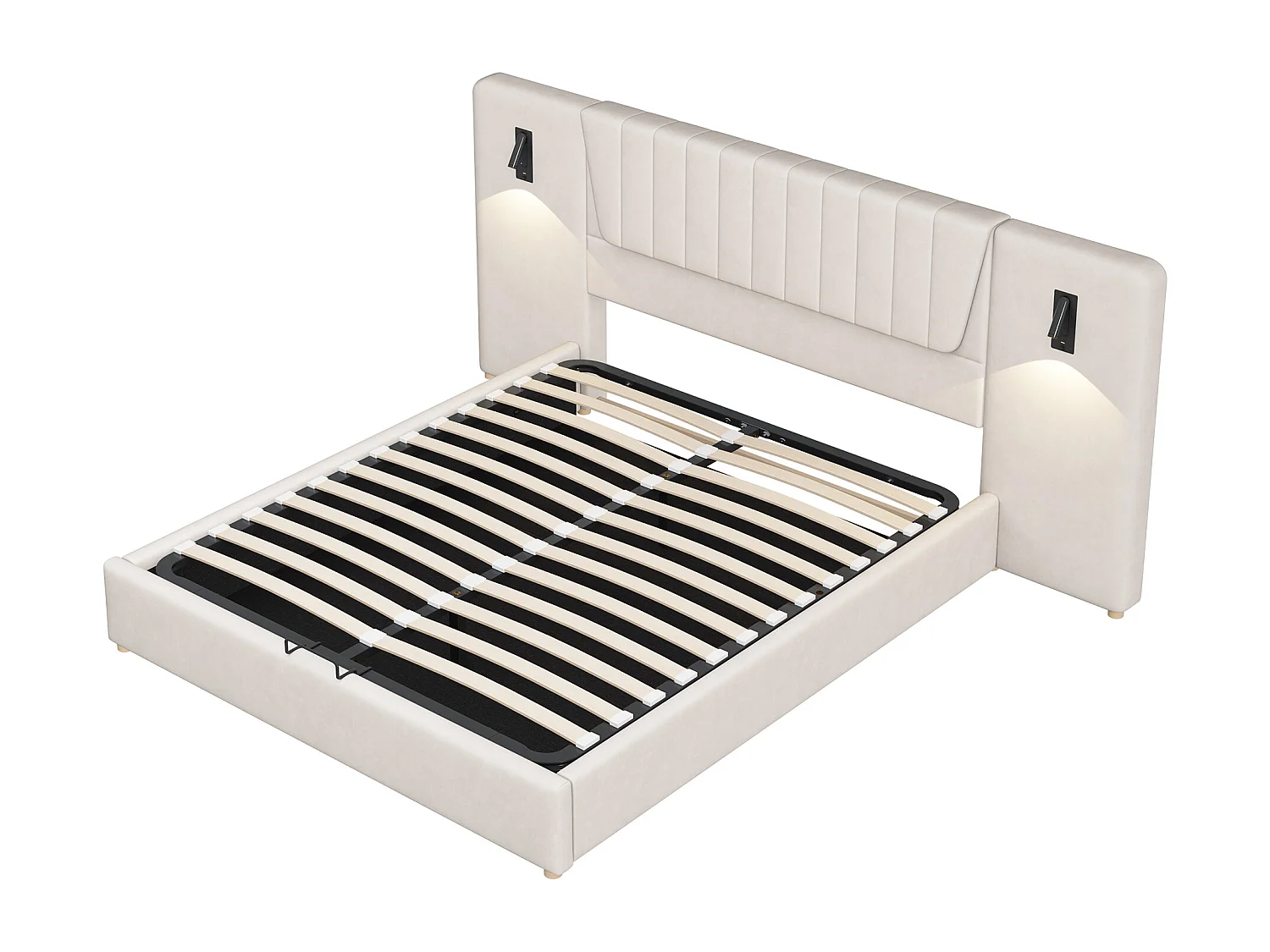 Lit coffre adulte 180x200cm avec lampes de lecture pivotantes et USB, tête de lit large, en velours beige, sans matelas