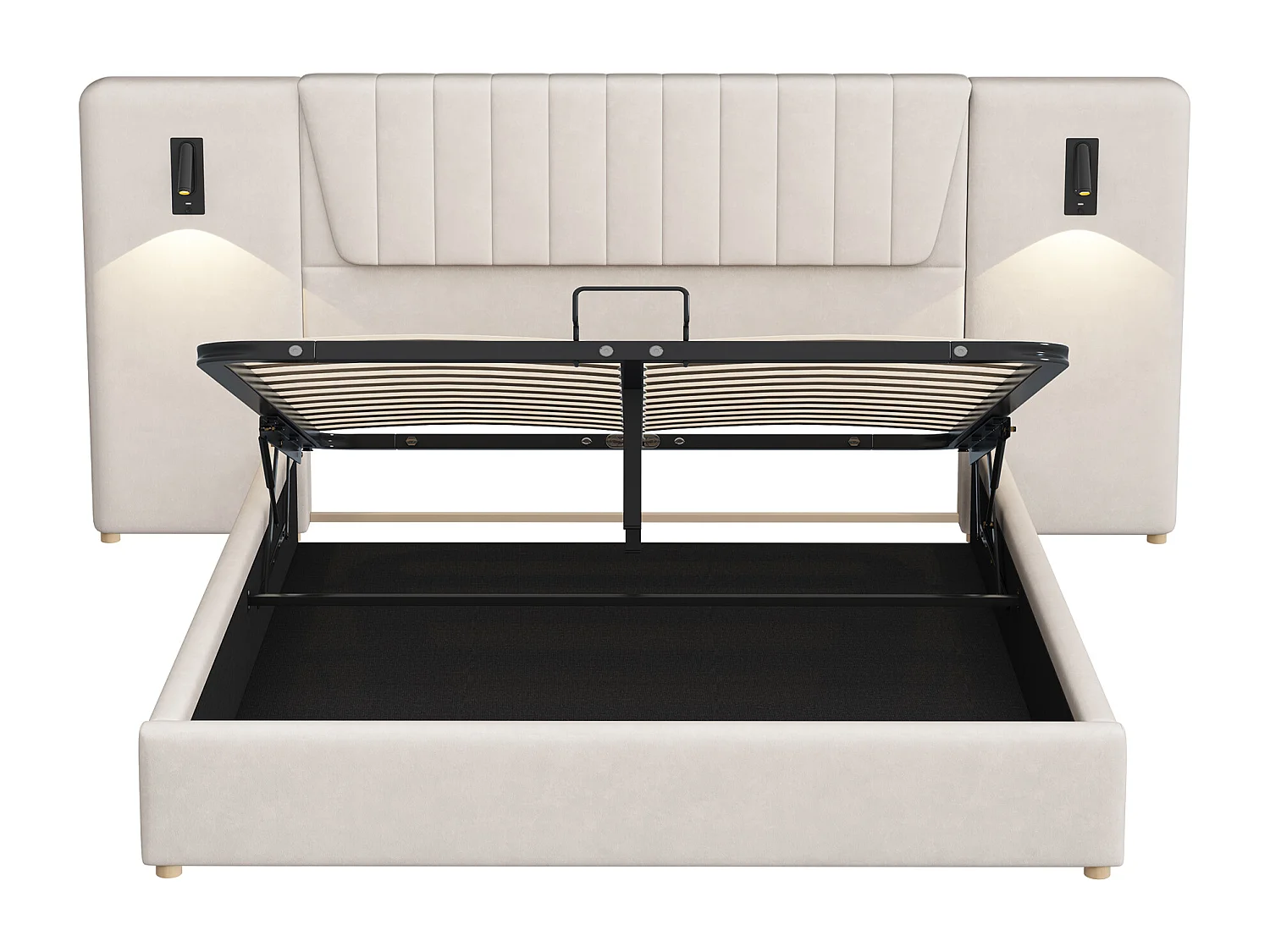 Lit coffre adulte 180x200cm avec lampes de lecture pivotantes et USB, tête de lit large, en velours beige, sans matelas