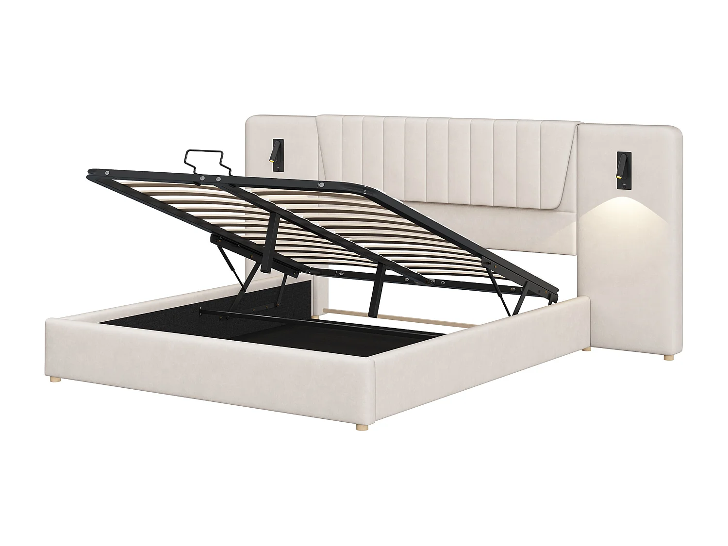 Lit coffre adulte 180x200cm avec lampes de lecture pivotantes et USB, tête de lit large, en velours beige, sans matelas