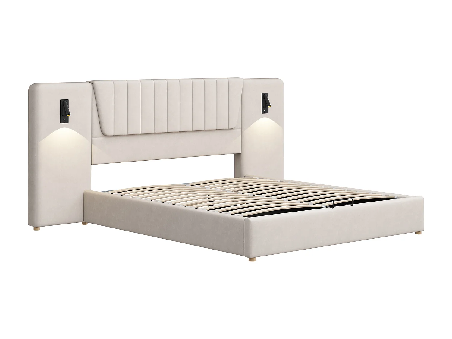 Lit coffre adulte 180x200cm avec lampes de lecture pivotantes et USB, tête de lit large, en velours beige, sans matelas