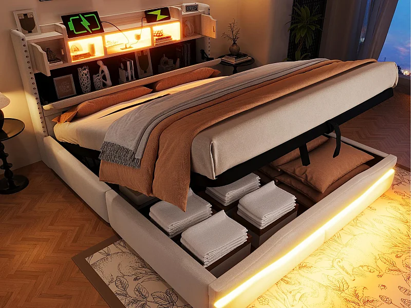 Polsterbett mit Stauraum 160x200 cm - mit LED-Beleuchtung - mit Staufach - beige (ohne Matratze)