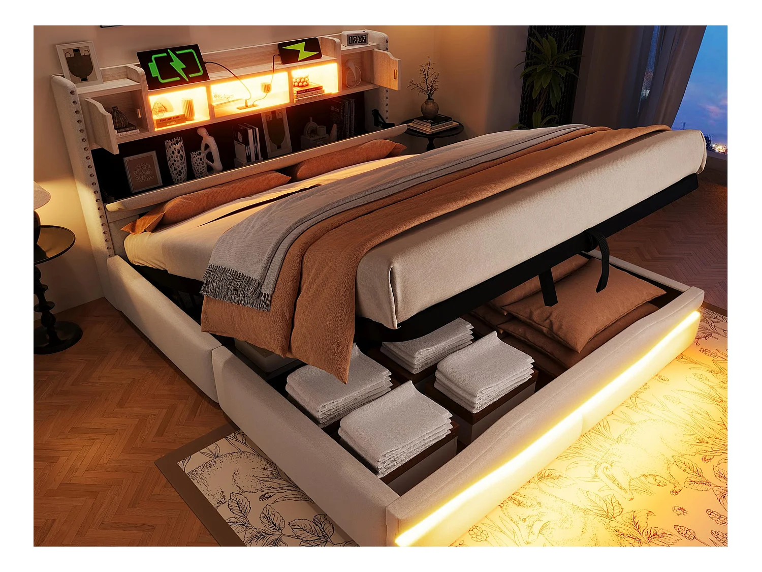 Lit coffre rembourré 160x200cm - avec éclairage LED - avec compartiment de rangement - beige (matelas non inclus)