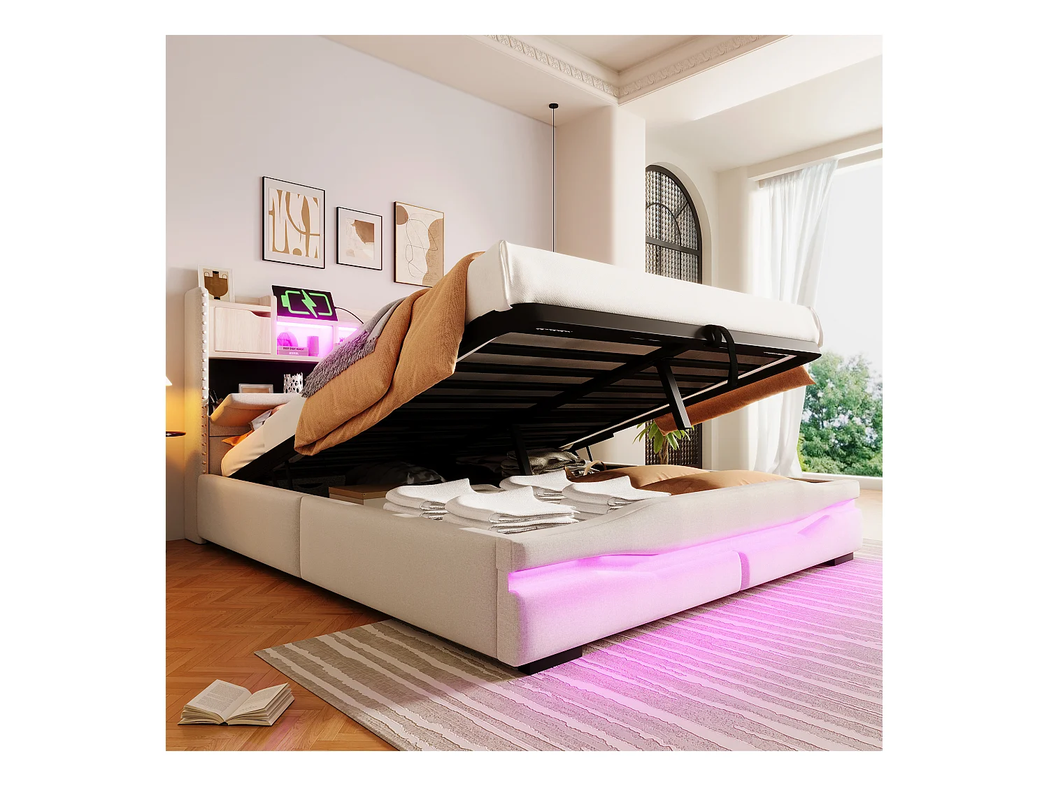 Lit coffre rembourré 160x200cm - avec éclairage LED - avec compartiment de rangement - beige (matelas non inclus)