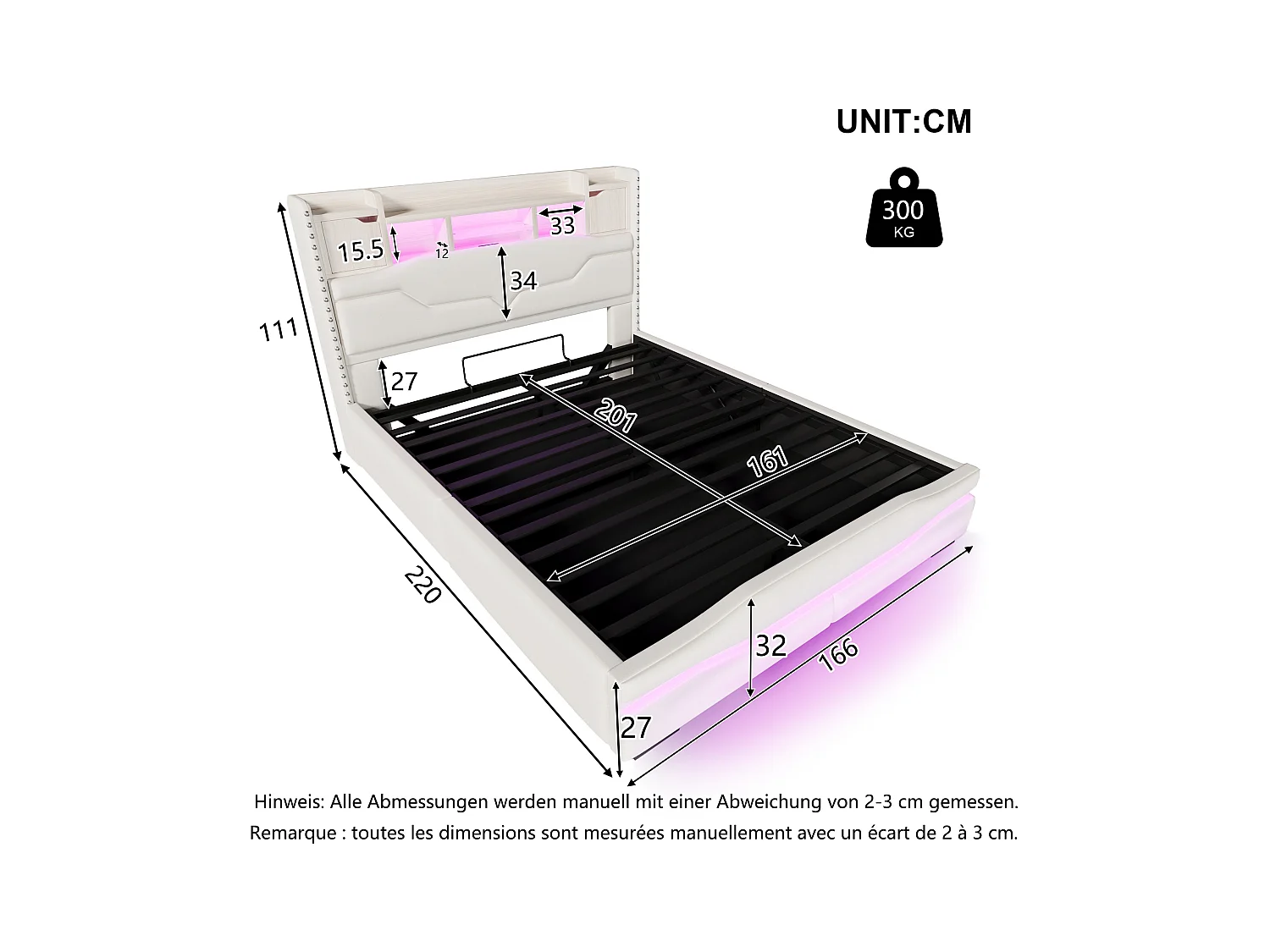 Lit coffre rembourré 160x200cm - avec éclairage LED - avec compartiment de rangement - beige (matelas non inclus)