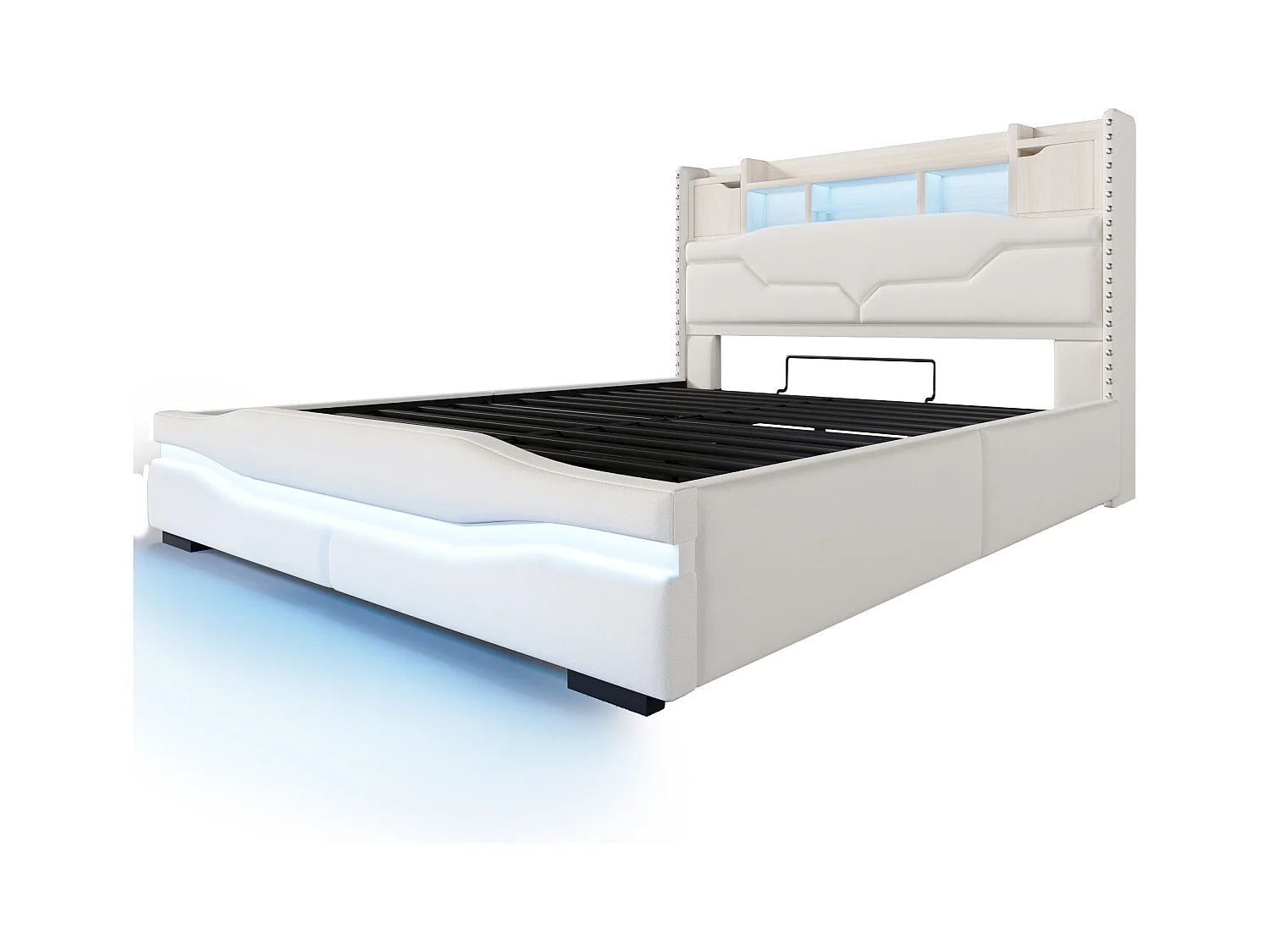 Lit coffre rembourré 160x200cm - avec éclairage LED - avec compartiment de rangement - beige (matelas non inclus)