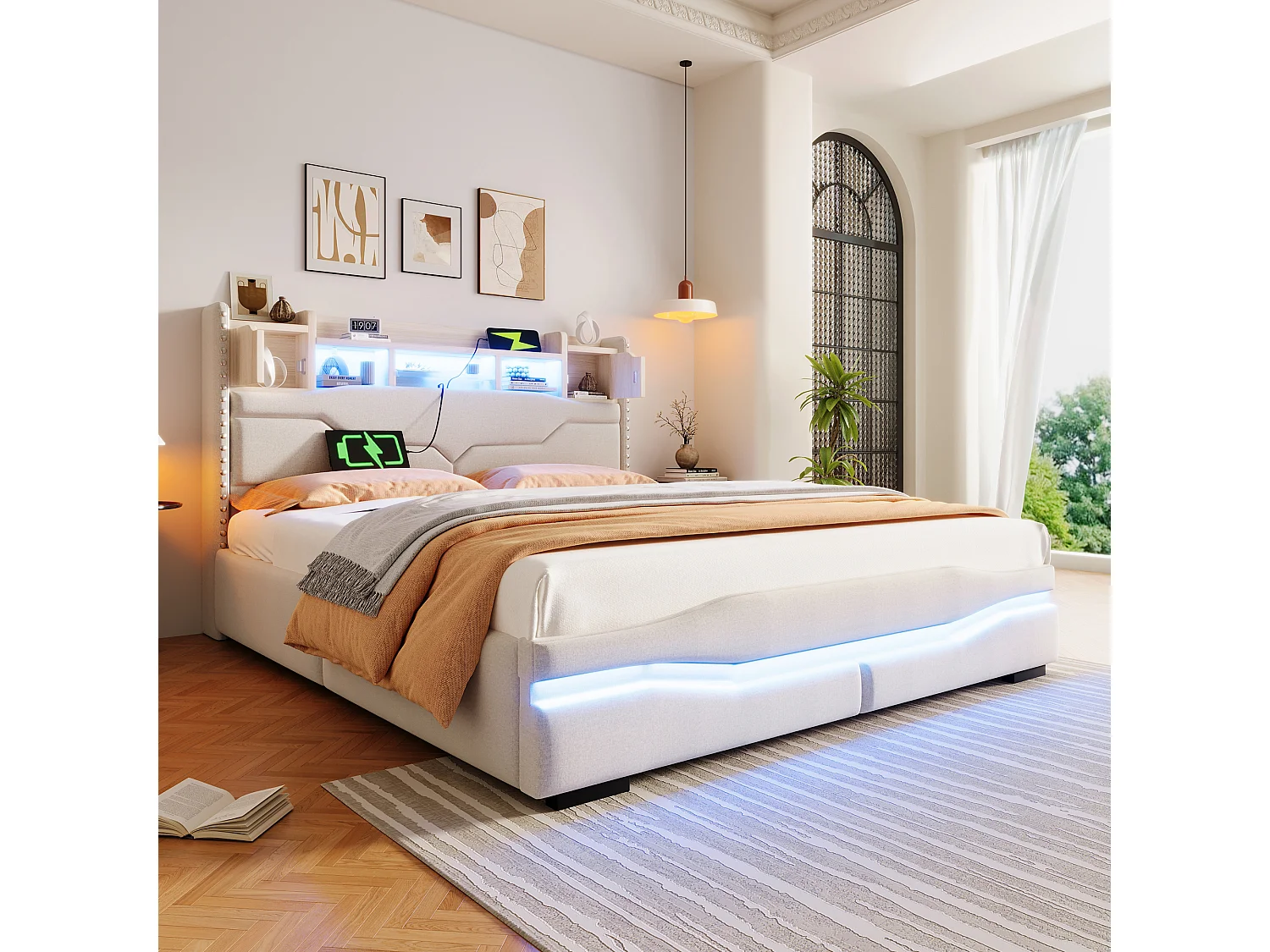 Lit coffre rembourré 160x200cm - avec éclairage LED - avec compartiment de rangement - beige (matelas non inclus)