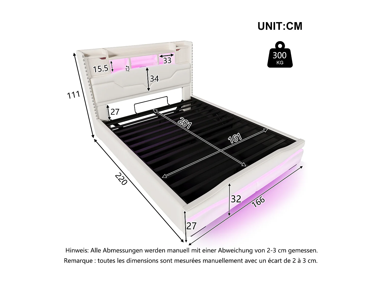 Lit coffre rembourré 160x200cm - avec éclairage LED - avec compartiment de rangement - beige (matelas non inclus)