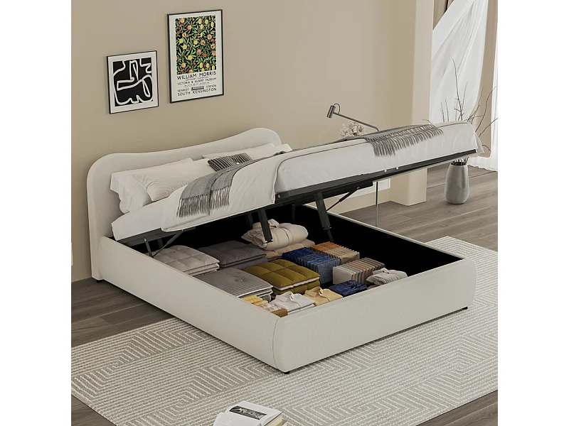 Bed met Opbergruimte 160x200cm Afgerond Design Ribfluweel Beige
