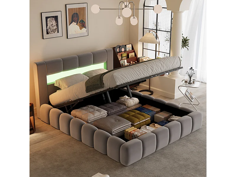 LED-Boxbett Wolke 140x190cm Samt Grau Modern und Praktisch