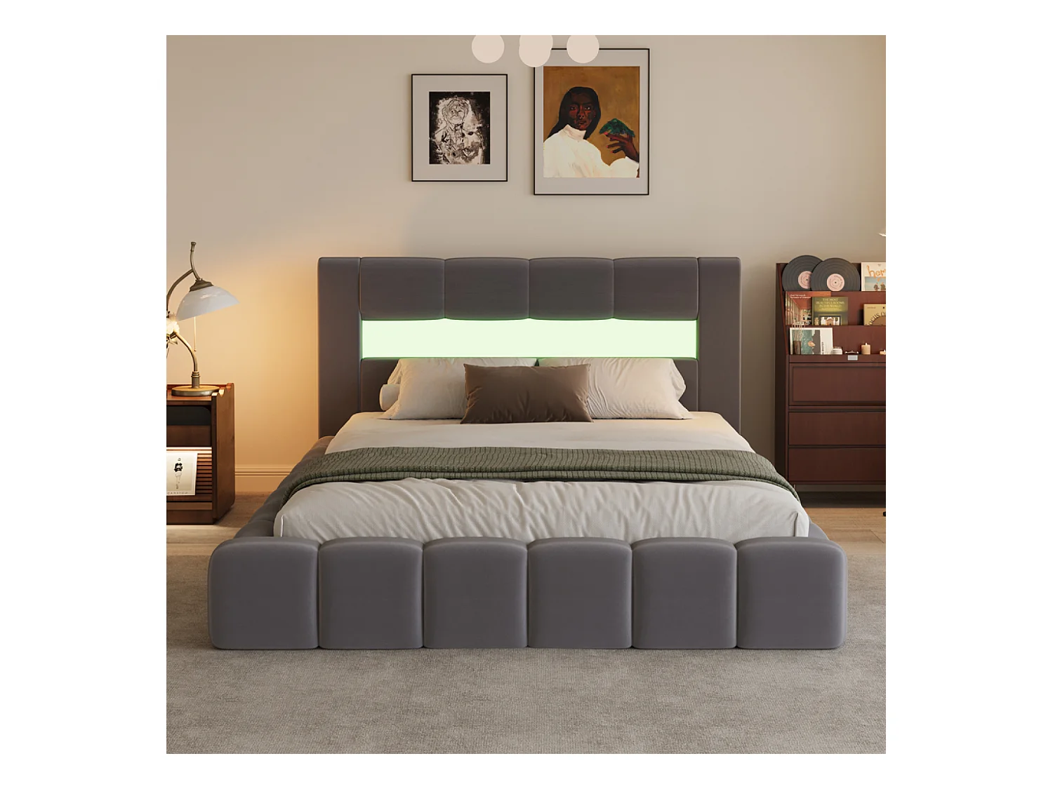 Lit nuage coffre LED 140x190cm velours gris OMAHA