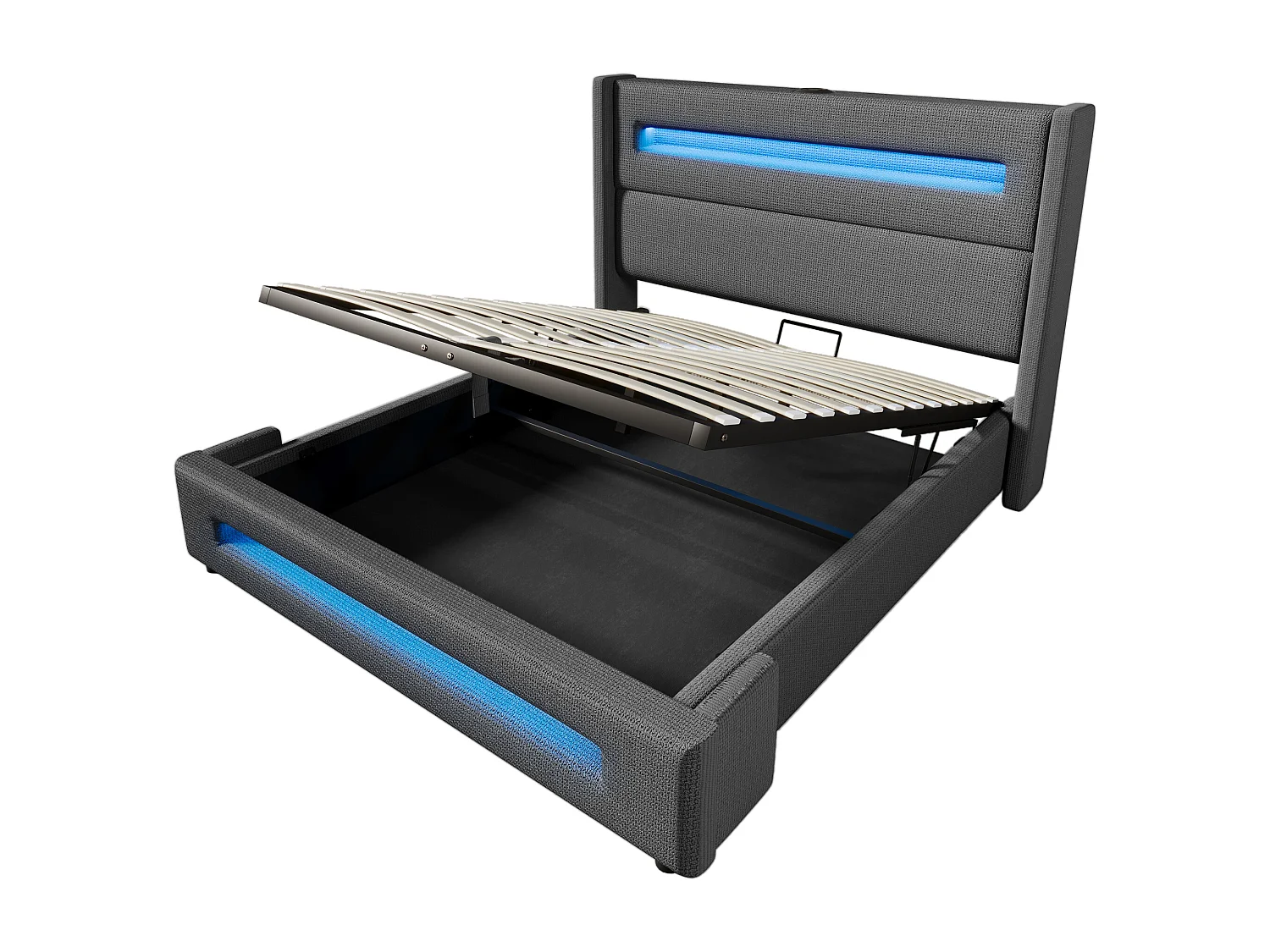 Letto contenitore per adulti 180x200cm con LED e USB tipo C, tessuto di lino grigio, rete a doghe, senza materasso