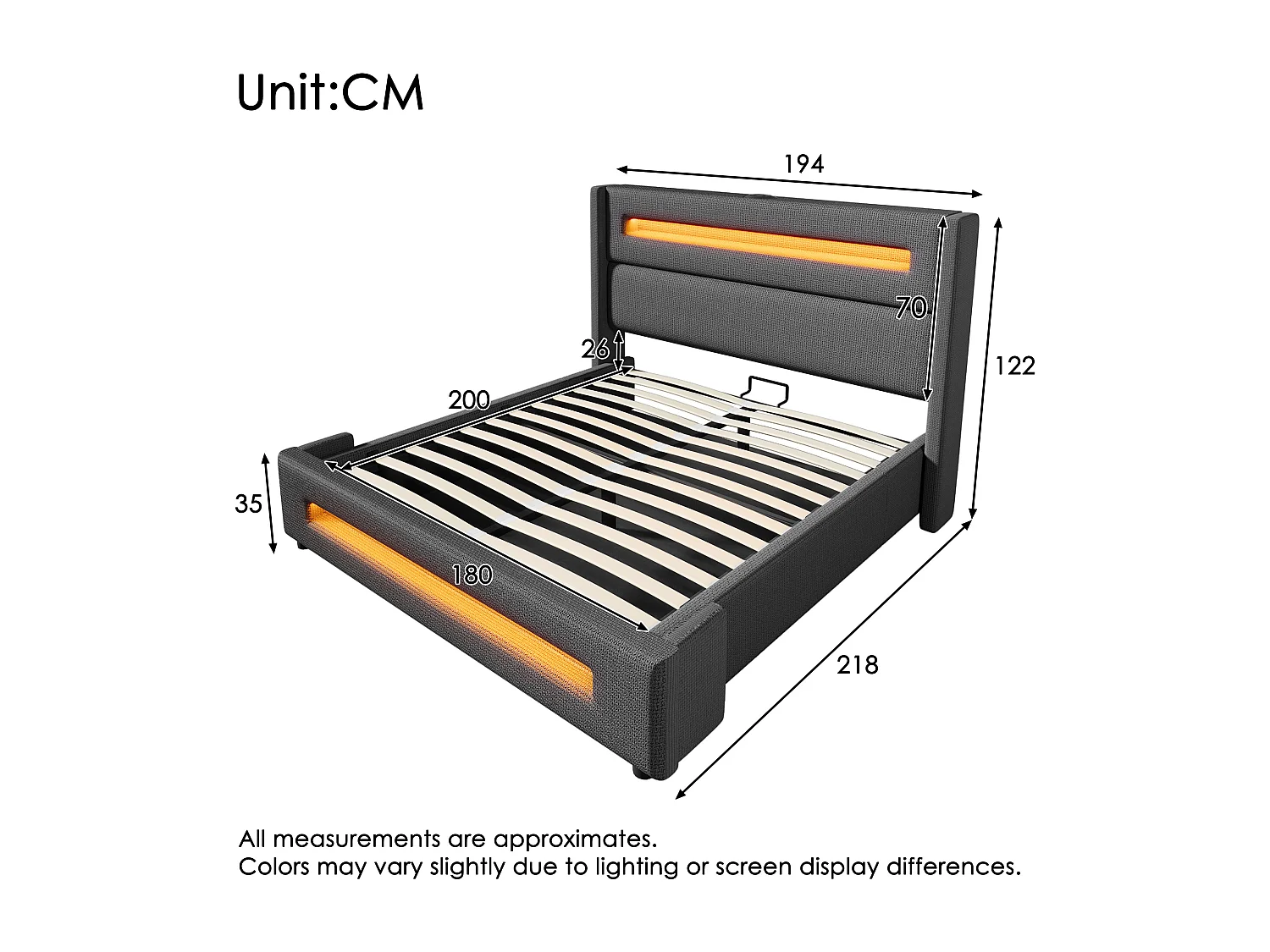 Letto contenitore per adulti 180x200cm con LED e USB tipo C, tessuto di lino grigio, rete a doghe, senza materasso