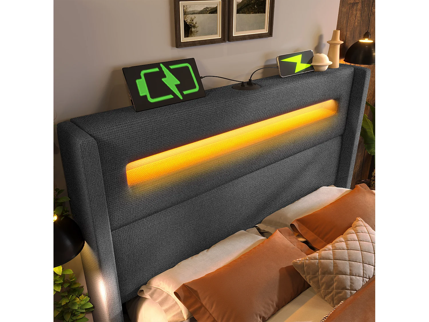 Letto contenitore per adulti 180x200cm con LED e USB tipo C, tessuto di lino grigio, rete a doghe, senza materasso