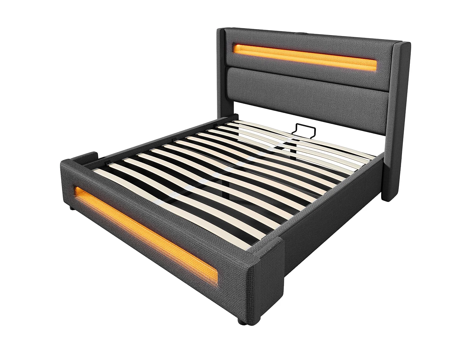Letto contenitore per adulti 180x200cm con LED e USB tipo C, tessuto di lino grigio, rete a doghe, senza materasso