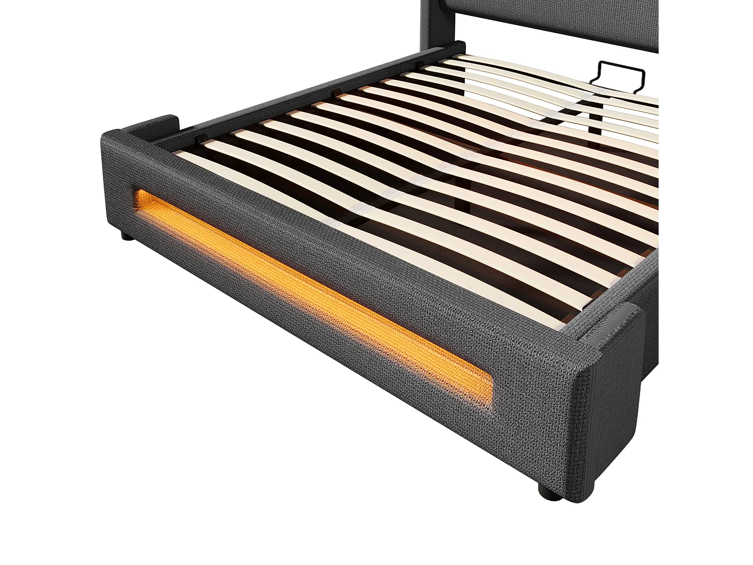 Letto contenitore per adulti 180x200cm con LED e USB tipo C, tessuto di lino grigio, rete a doghe, senza materasso
