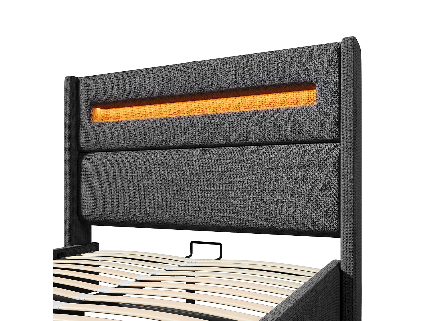 Letto contenitore per adulti 180x200cm con LED e USB tipo C, tessuto di lino grigio, rete a doghe, senza materasso
