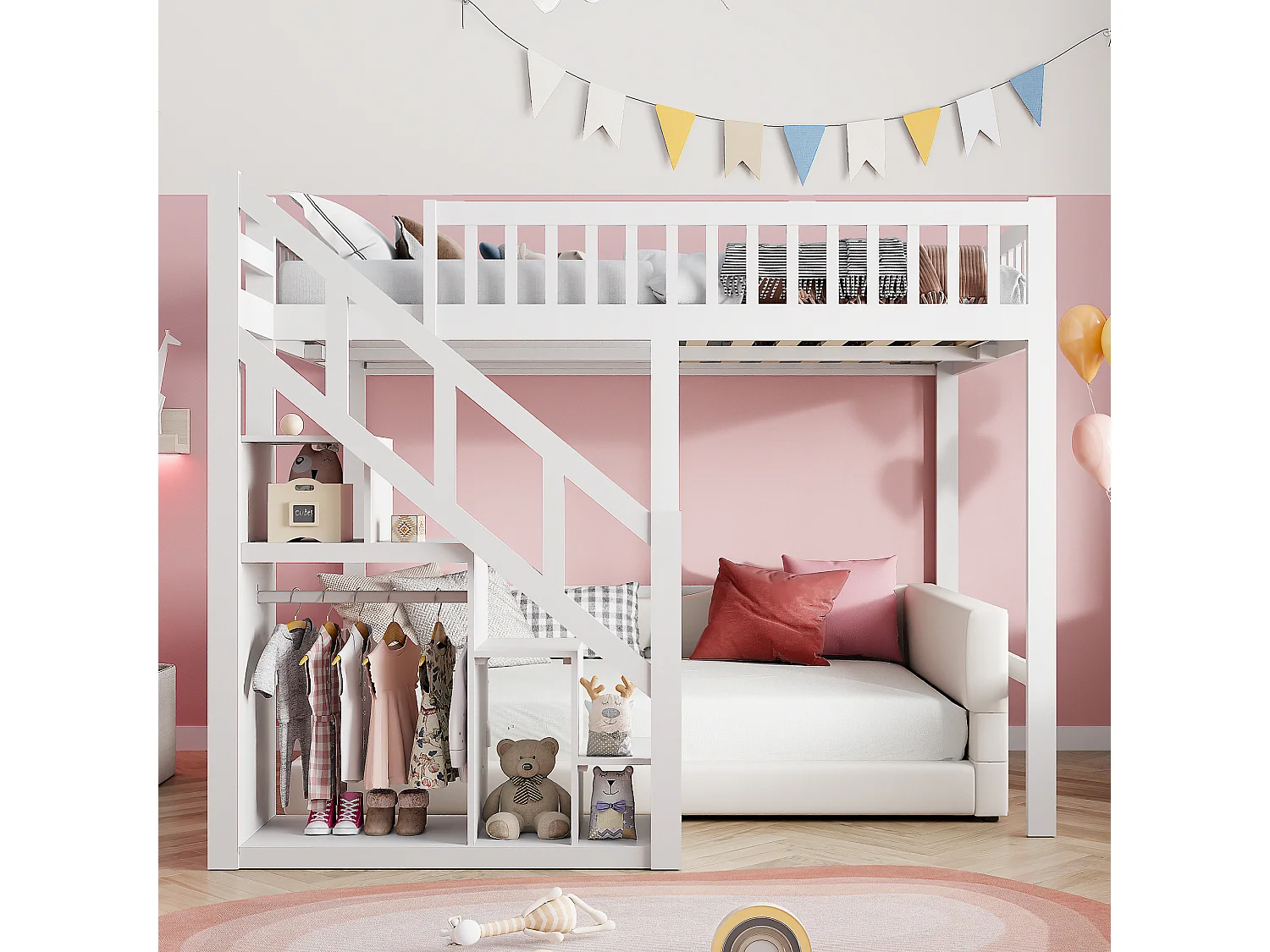 Cama alta infantil multifuncional de 90 x 200 cm com escada e espaço para armazenamento, branca.