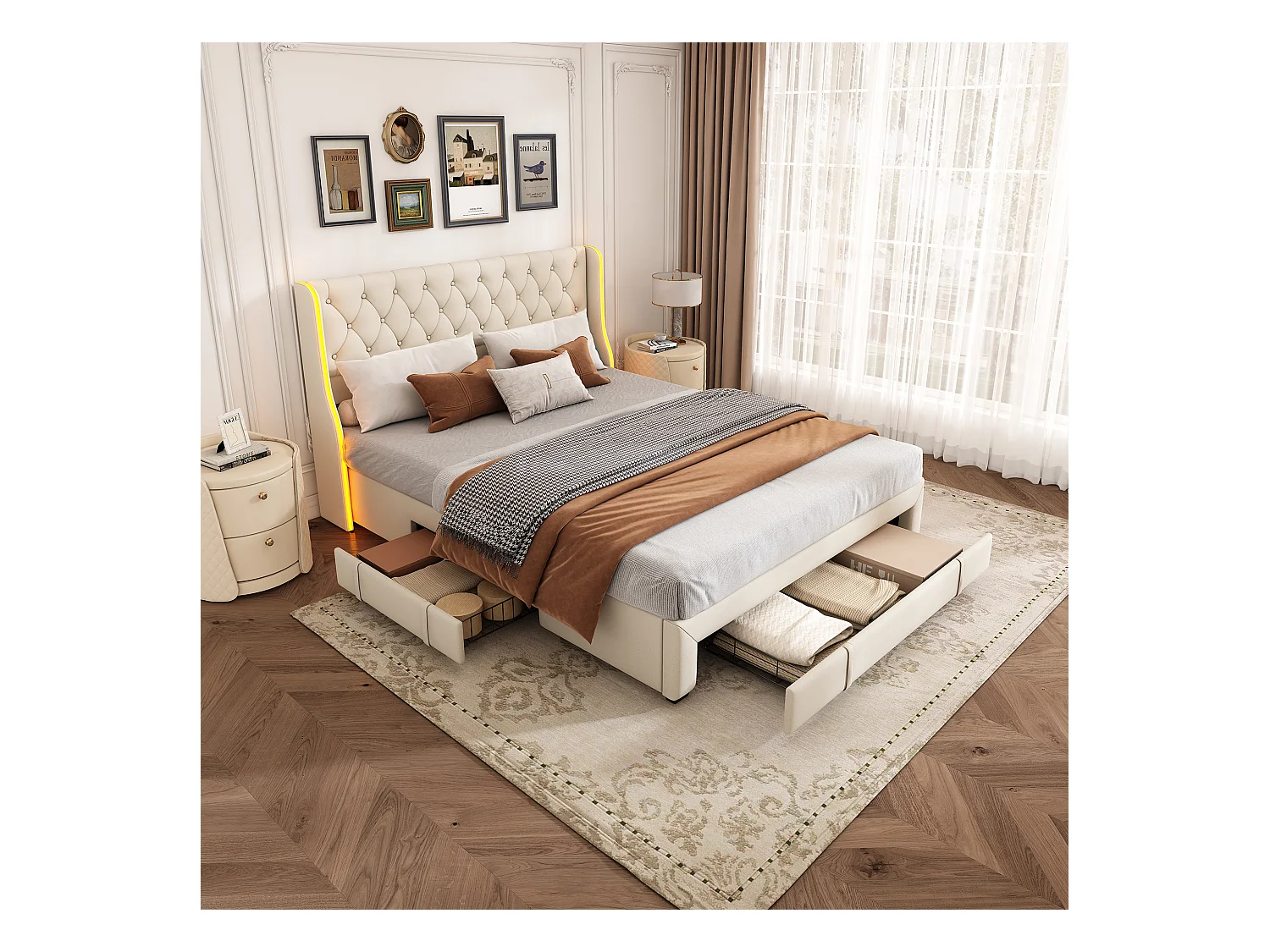 Gestoffeerd bed 160 x 200 cm, met LED en USB-oplader, tweepersoonsbed, met opbergruimte, beige