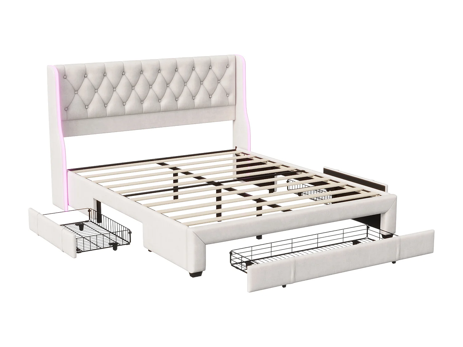 Gestoffeerd bed 160 x 200 cm, met LED en USB-oplader, tweepersoonsbed, met opbergruimte, beige