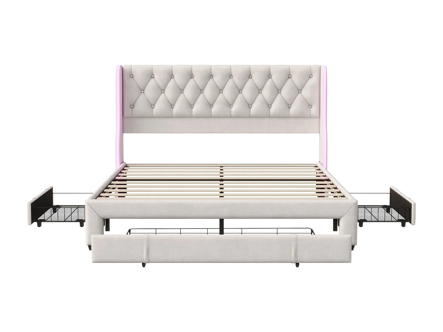 Lit rembourré 160 x 200 cm, avec LED et chargement USB, lit double, avec espace de rangement, Beige