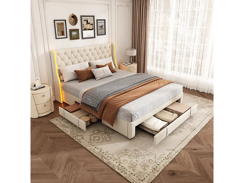 Lit rembourré 160 x 200 cm, avec LED et chargement USB, lit double, avec espace de rangement, Beige