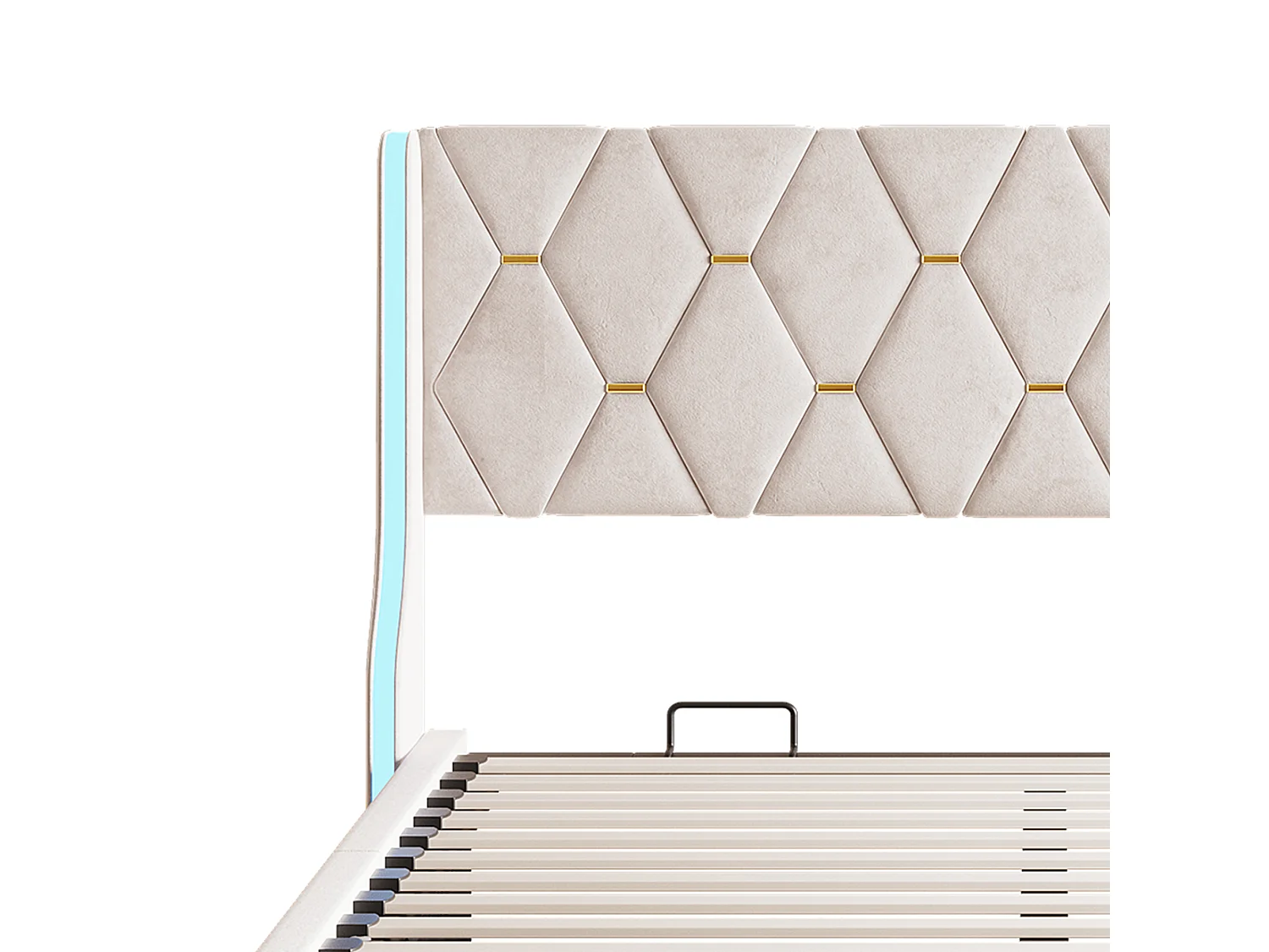 Lit double rembourré, 140 x 190 cm, LED avec tête de lit et sommier à lattes, Velours, Beige