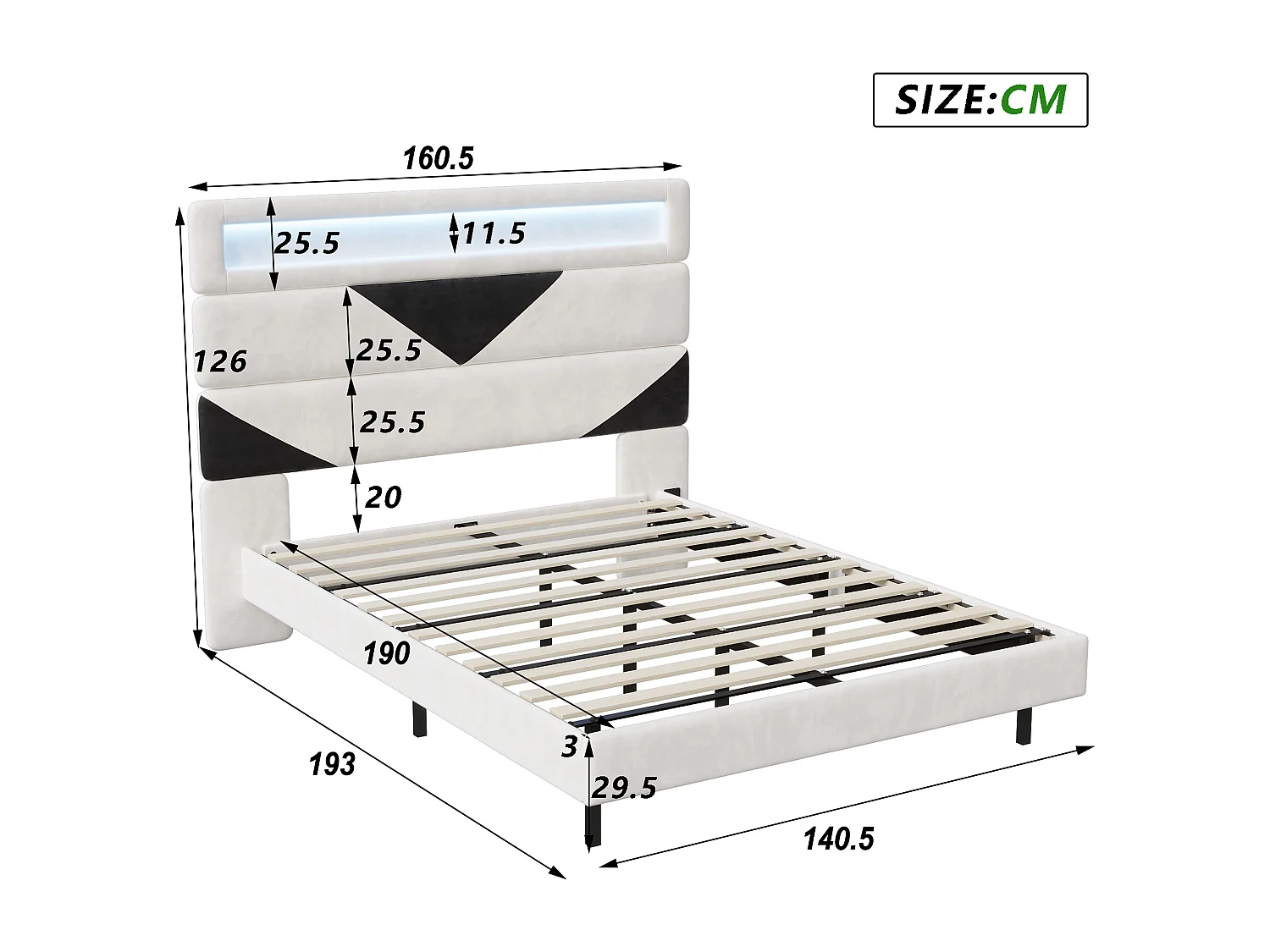 Lit 140 x 190 cm avec LED,  Lit double avec sommier à lattes en bois massif,  velours,  blanc
