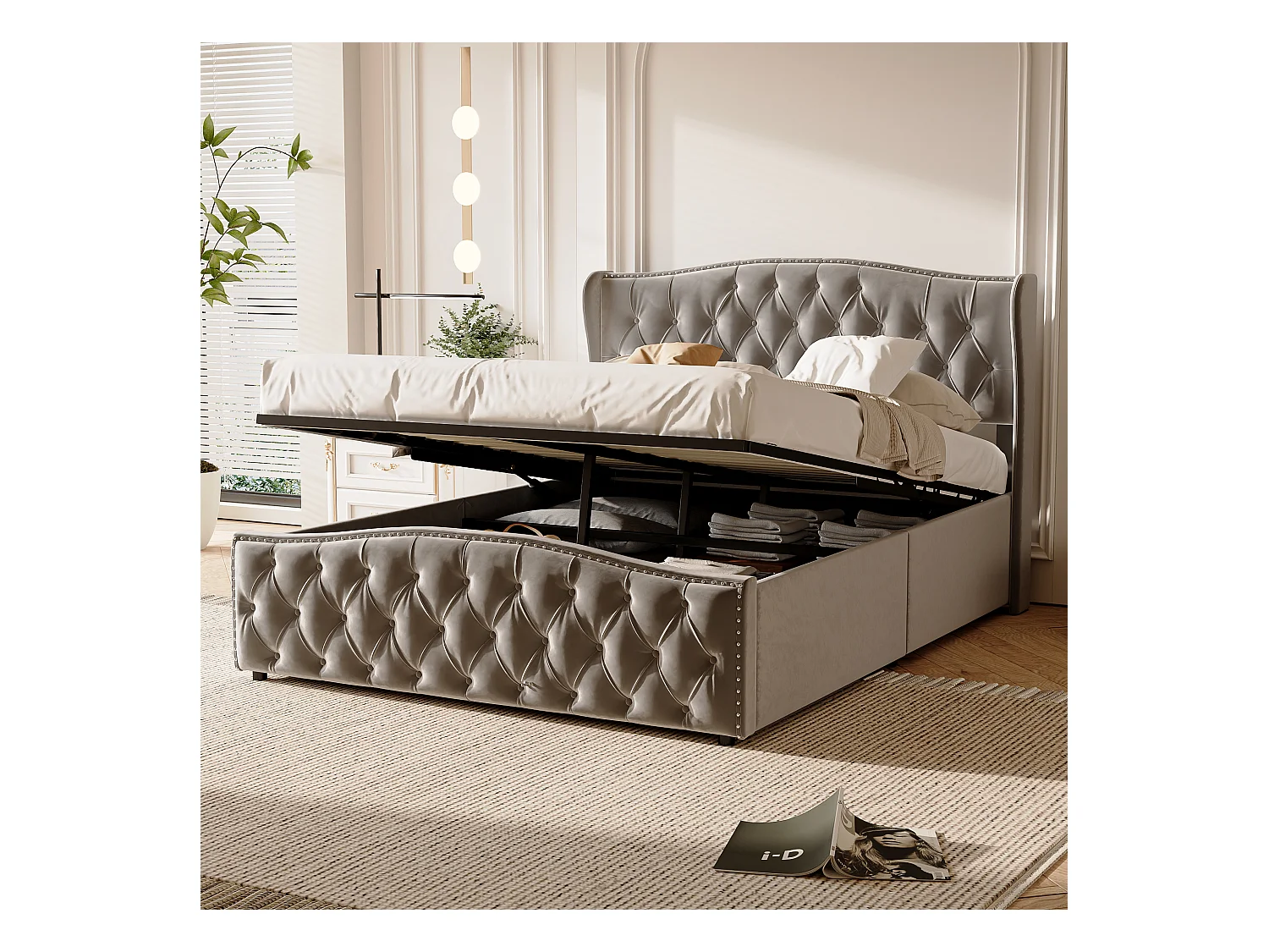 Lit 140x200 cm avec sommier et Rangement, Lits Double capitonné avec Tête de Lits rembourré, Gris