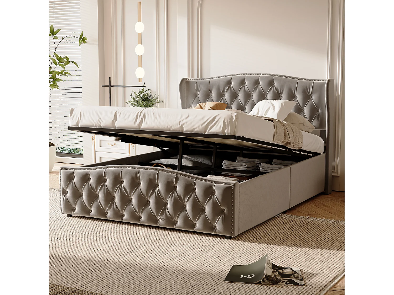 Bed 140x200 cm met lattenbodem en opbergruimte, Tweepersoonsbed met gestoffeerd hoofdeinde, Grijs