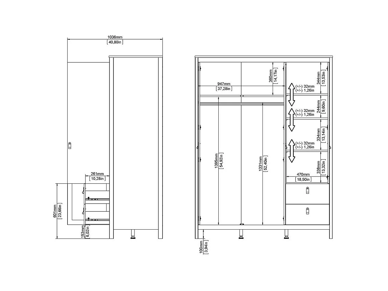 Armoire 3 portes dont 1 miroir et 2 tiroirs blanc L150 cm - BARCELONE