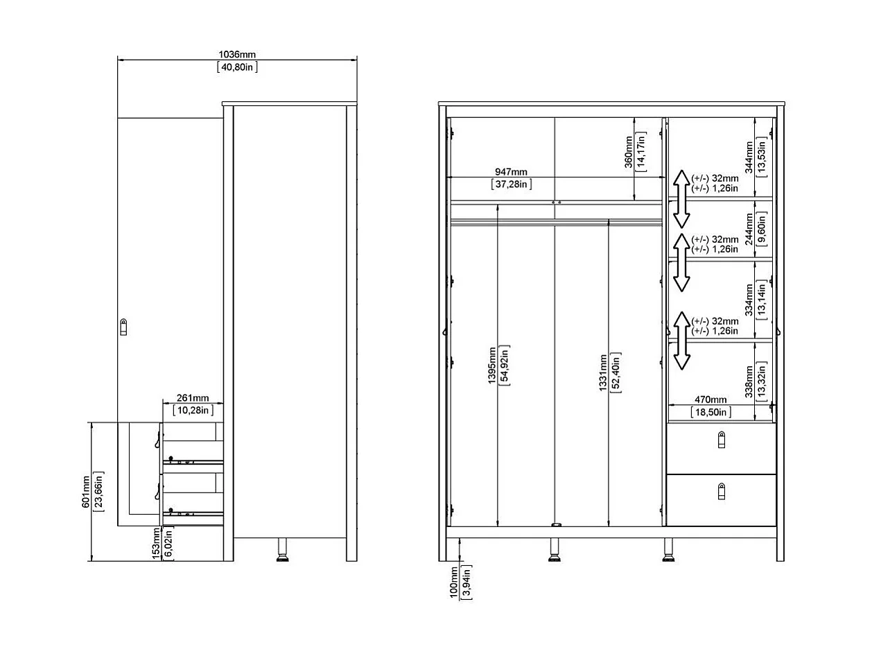 Armoire 3 portes dont 1 miroir et 2 tiroirs blanc L150 cm - BARCELONE
