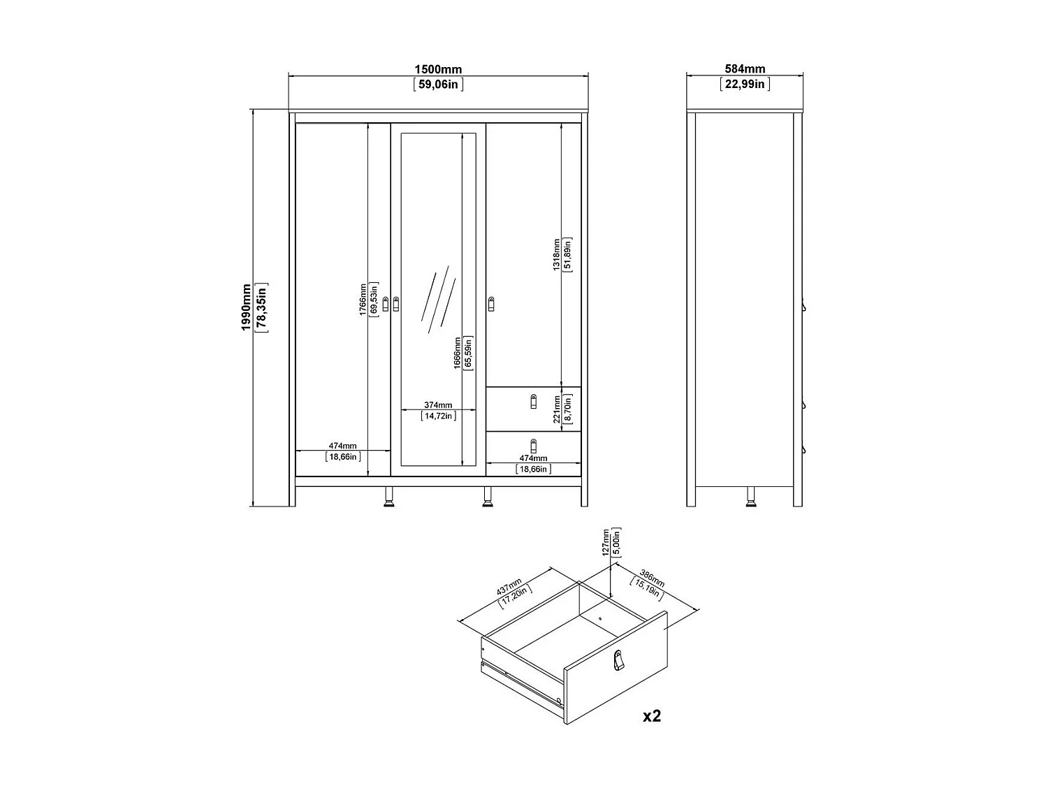 Armoire 3 portes dont 1 miroir et 2 tiroirs blanc L150 cm - BARCELONE