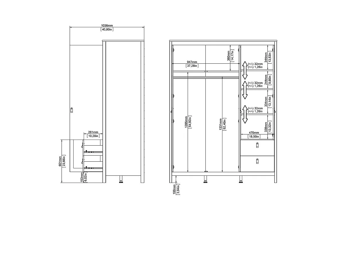Armário de 3 portas, sendo 1 espelho e 2 gavetas, branco, L150 cm - BARCELONA